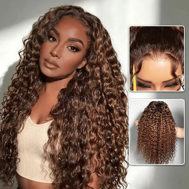 Brown Highlight Ombre 6x4.5 Lace Glueless Water Wave Wig Pre-Everything Salon Style Wig