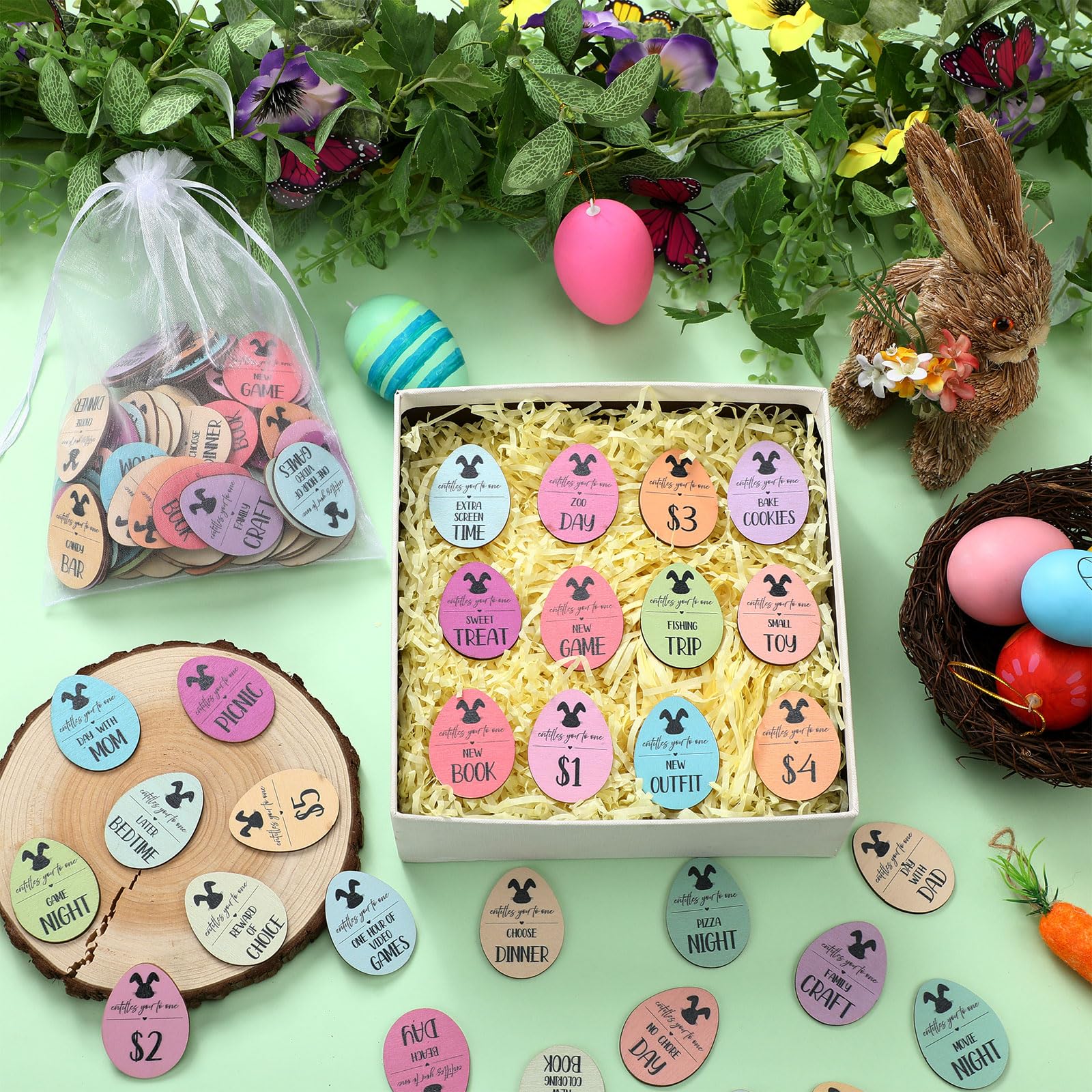 Easter Egg Tokens 30/120 Pcs Reusable Wooden Reward Tokens with 20 Engraved Sayings + 4 Gift Bags - Kids Teens Classroom Prizes Non-Candy Easter Basket Stuffers Spring Party Supplies Set