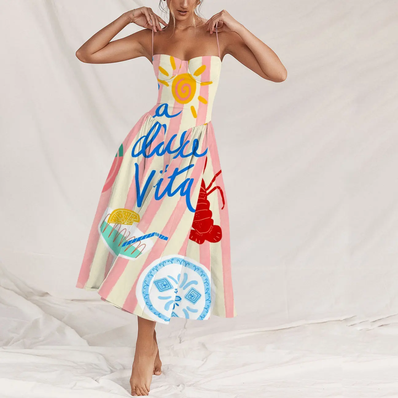 Women's Strapless Polyester Non-Stretch Slip Elegant Dress - Pop Art Design, Casual Wear, Coordinate Fabric for La Dolce Vita Spring Summer Beach Outfits
