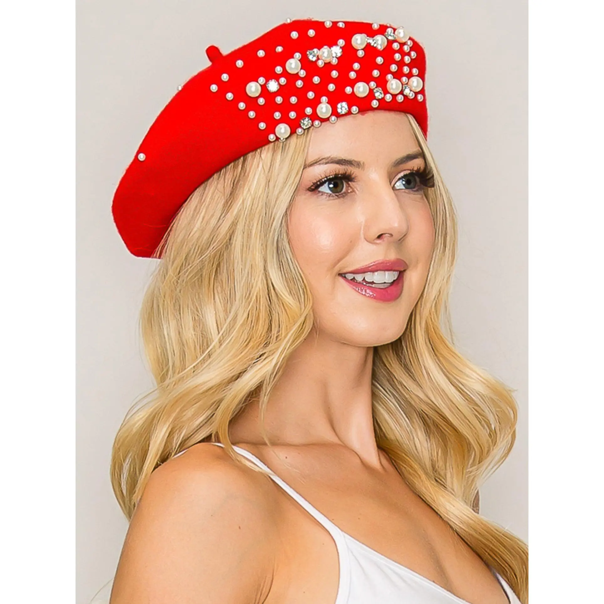 SP Sophia Collection Emily Pearl Rhinestone-Embellished Wool Blend Beret, Women's Fashion Hats, Casual Trendy Beret, Women's Accessories, Casual Trendy Hat