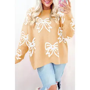 Golden Fleece Bow Pattern Drop Shoulder Loose Sweater