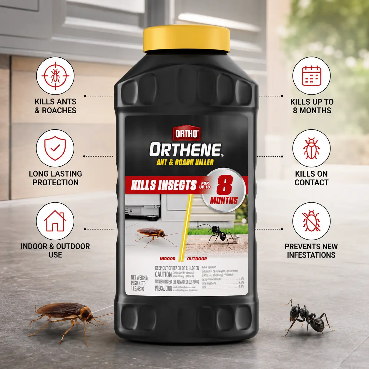 Ortho Orthene Bug Killer, 1 lb Ready-to-Use Insect Dust Pest Control Agent, 8-Month Protection, Odorless Indoor-Outdoor Agricultural Roach & Fire Ant Control Home Supply, Agricultural Roach Control