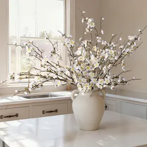 【Mother's Day】Silvanest 12/24Pcs Artificial White Plum Blossom Stems 21.7'' Long Faux Silk Wintersweet Flowers for Winter Wedding, Home, Office & Table Centerpiece Decoration (White)