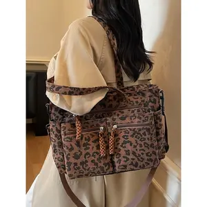 Leopard Print Corduroy Tote Bag, Large Capacity for Books iPad Phone Wallet Water Bottle, Casual Women's Shoulder Handbag Crossbody, Casual Commuter Bag