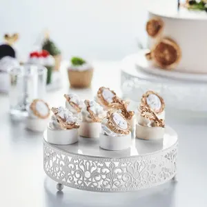 Metal Wedding Cake Stand Fleur De Lis Round Design White - Cupcake Pedestal Display 8"