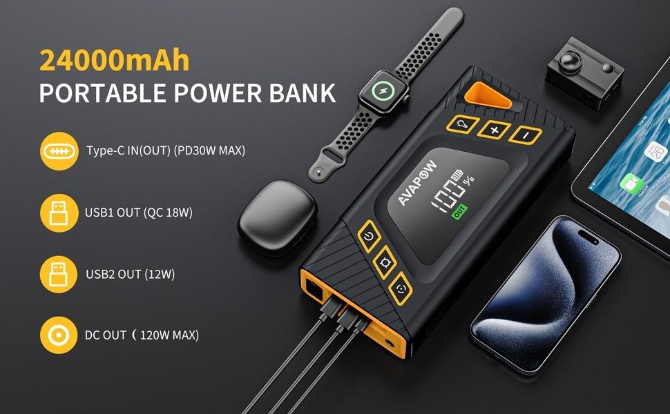 [6in1]24000mAh Jump Starter with Air Compressor,12V 150PSI Car Jump Box(for All Gas/10L Diesel),PD30W Type-C IN/OUT,2 USB output ports,800-LUMEN LED&3 modes Lights