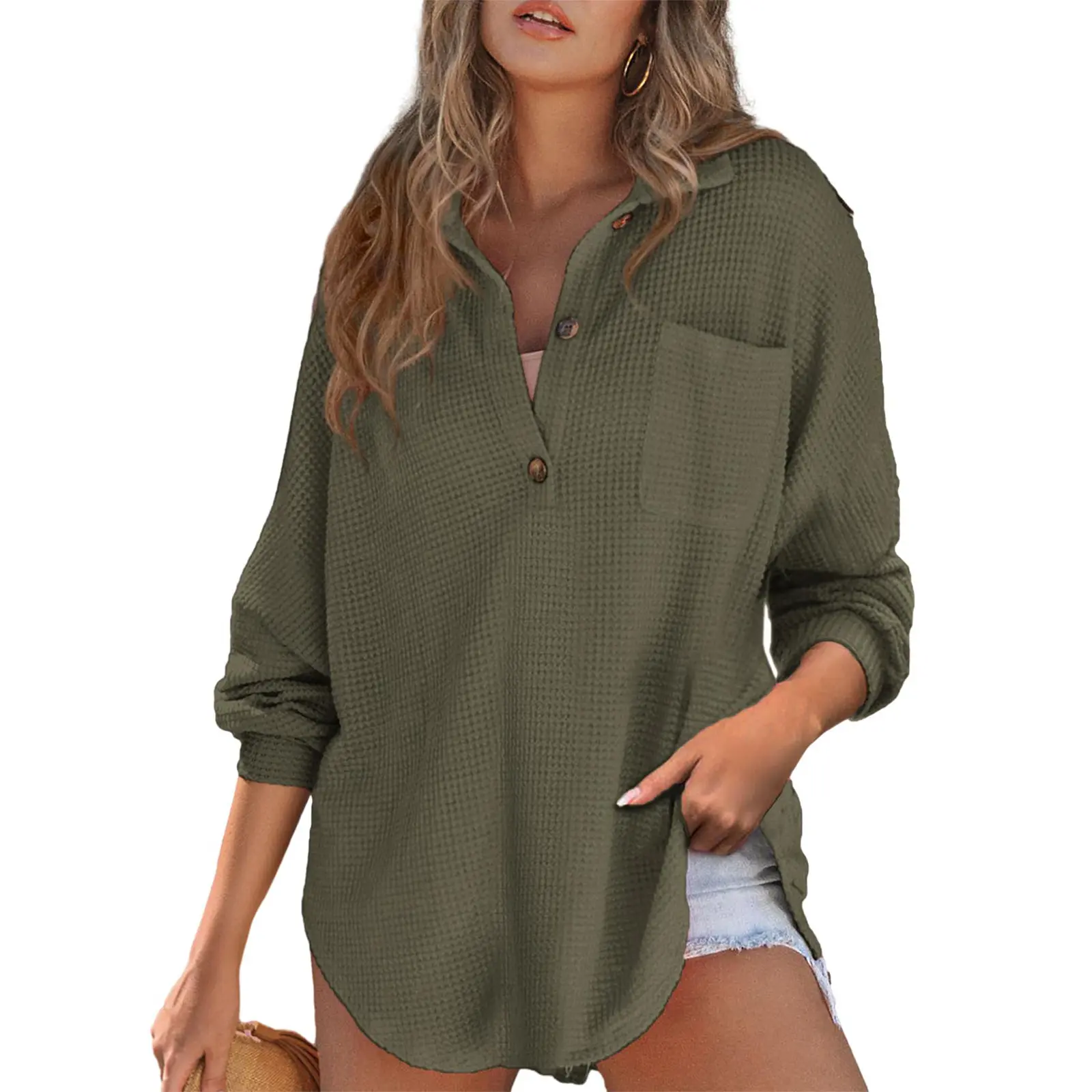 EVALESS Women's Oversized Henley Waffle Shirts Tops Button V Neck Long Sleeve Lightweight Mesh Knitwear Tunic Blouses 2026 Casual Fall Outfits Green Minimalist Style  Deals For You Days summer outfits,back to school,back to school shopping