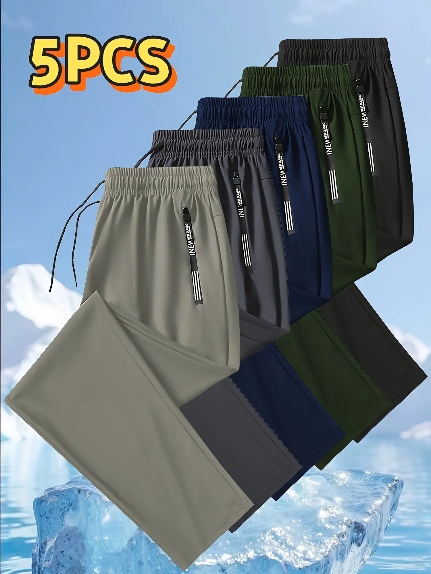 5 pack men’s ice silk jogging pants — lightweight, breathable mid stretch fabric, elastic waistband design, straight leg style with pockets — solid color outdoor casual sports pants, machine washable, comfortable fit, multifunctional style, tailored for f