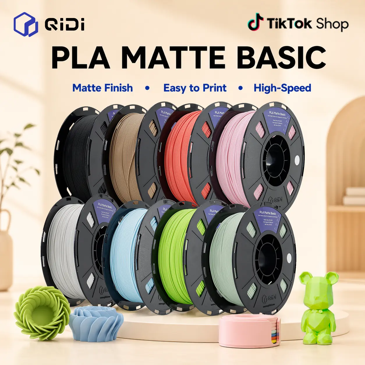 QIDI PLA Matte Basic 3D Printer Filament 1.75mm 1kg Spool (2.2lbs) - Easy-to-Print, 300mm/s High-Speed Printing, RFID Auto Recognition, Compatible with Most FDM Printers for Artistic Pieces