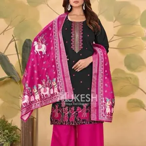 Kurta Set - Black & Pink Embroidered Suit with Matching Dupatta for Women