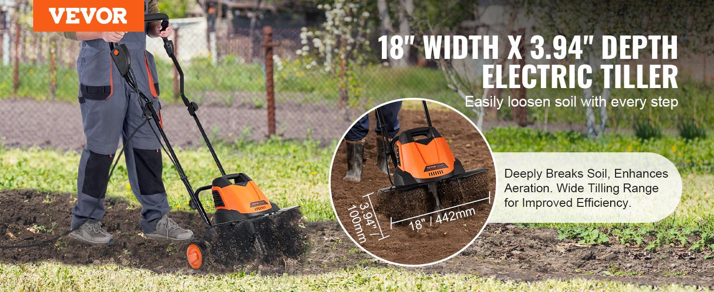VEVOR 12 Amp Electric Tiller, 18" Tilling Width 3.94" Tilling Depth Corded Electric Tiller/Cultivator, Steel Mn Tines, Rototiller for Garden Lawn Soil Digging