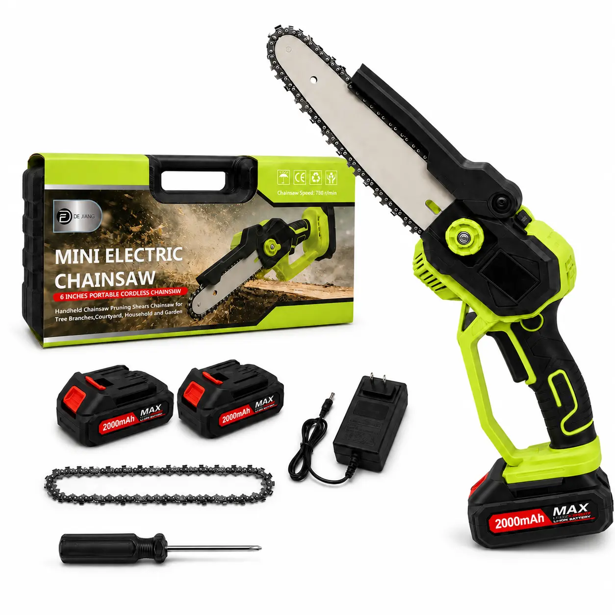 [2026 Upgraded] 6-in Cordless Power Inches Mini Chainsaw Full Set, Metal/ABS Portable Handheld Electric Pruning Saw with 2 x 2000mAh Batteries, Spare Chain, Charger, Carrying Case for Wood/Bamboo Branch Trim, Home Users