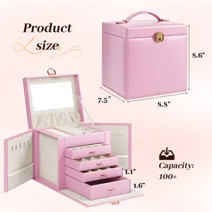 5-Layer Jewelry Organizer Box with 4 Drawers, Huge Portable Jewelry Storage Cabinet with Lock and Mirror for Women, for Necklace Ring Earring Bracelet Storage, Lockable Jewelry Case, Pink