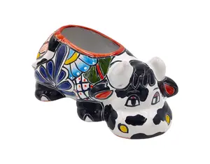 Mexican Talavera Resting Cow Planter Pot Hand Painted - Black & White Body Color