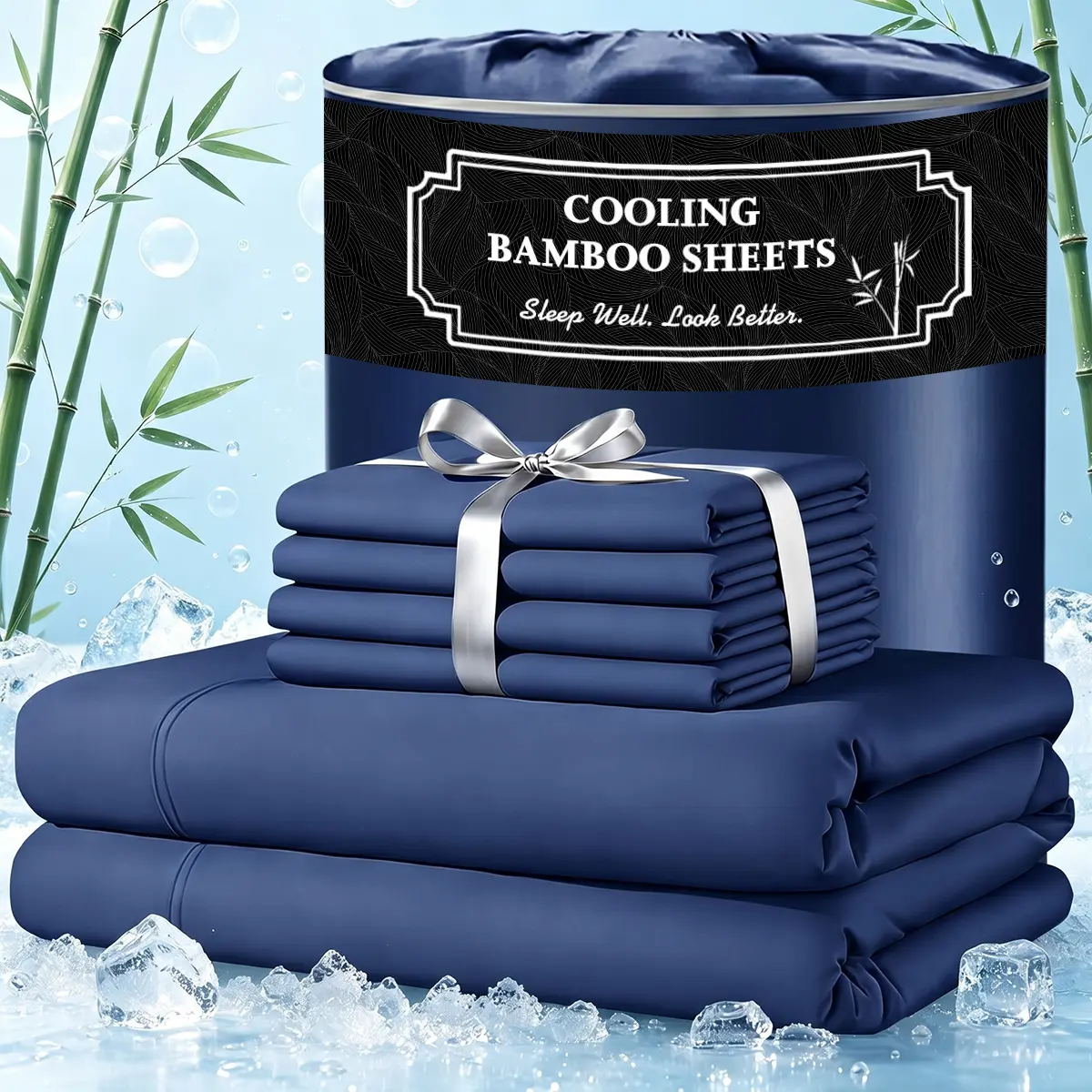 Jollyvogue Extra Deep Pocket Bamboo Sheets - 6 Pcs Breathable & Cooling Bed Sheet Set, Hotel Luxury Fitted Soft Wrinkle-Free For Mattresses, Room Decor, Twin/Full/Queen/King Size Pillowcase Sets