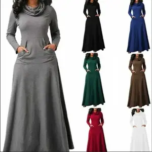 2026 new autumn and winter solid-color patchwork pocket neck long dress with a big swing Grey Blue