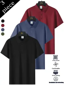 Men’s plus-size casual fashion polo shirts (set of 3), skin-friendly and breathable with a cool-touch feel, featuring a stylish tie-button design, suitable for spring and summer outings, outdoor camping, and business occasions.