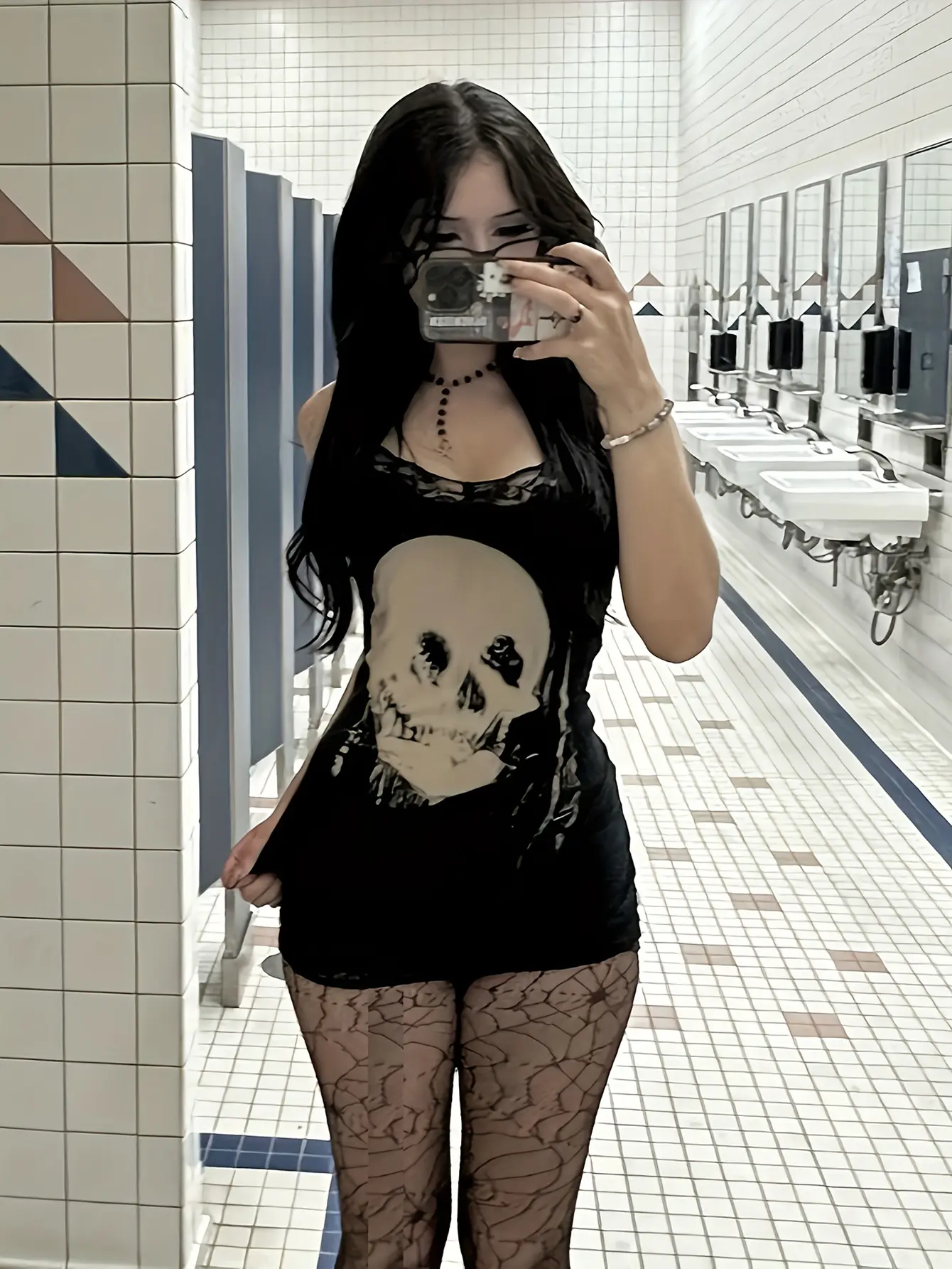 Dark Gothic style slim and sexy short skirt with personalized skull print design, suspender skirt for women