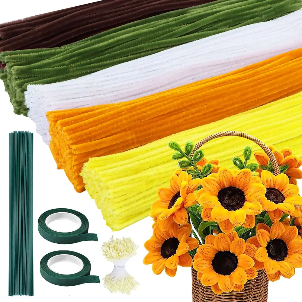Sunflower Color Polyester Chenille Stems Pipe Cleaners (500 Pieces) - Decorative Colorful Set, Flexible DIY Art Craft Supplies with Floral Wires, Gardening Tape, Stamen for Flowers for DIY Art Projects, Craft Kit