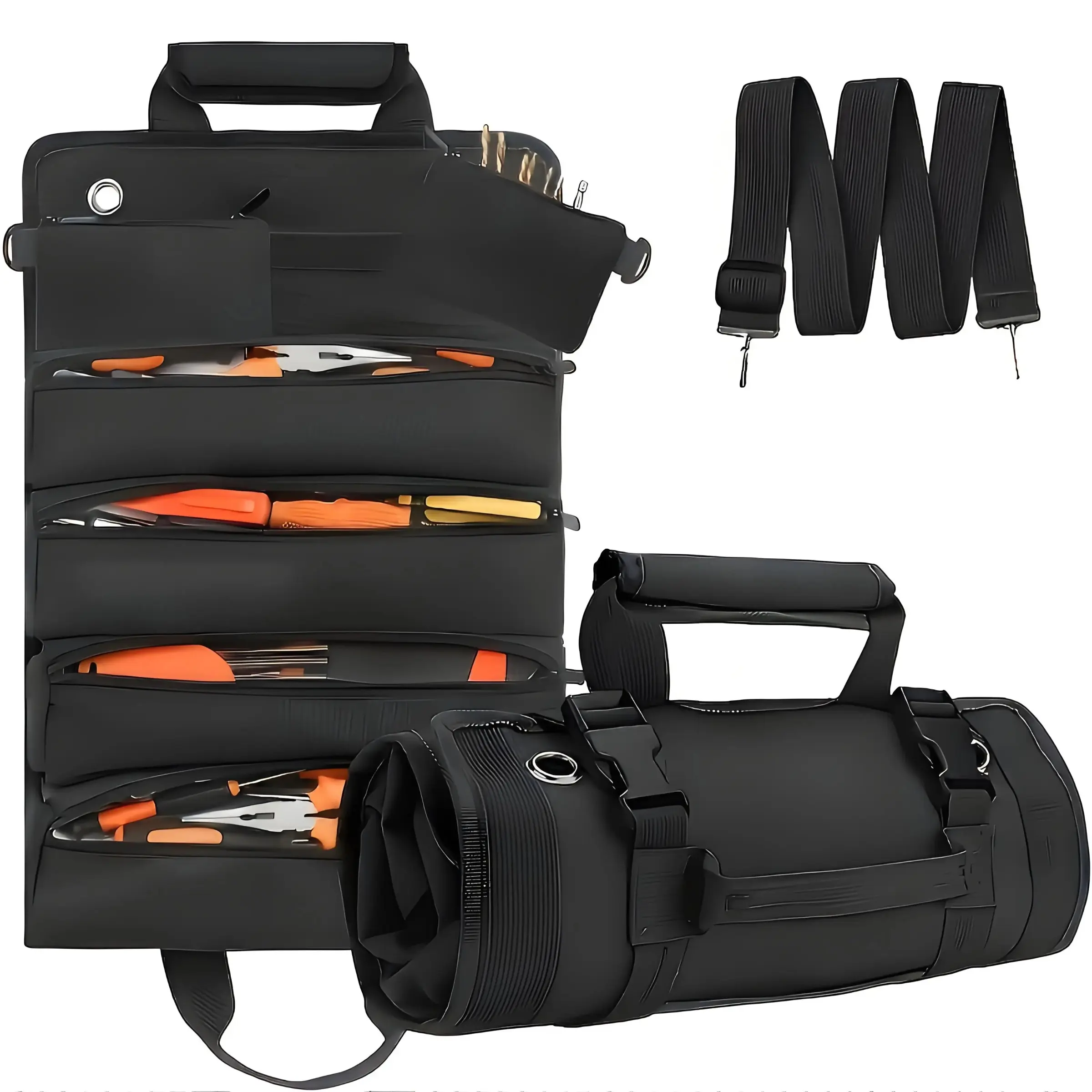 Waterproof Tool Storage Bag with 6 Pockets, Detachable Adjustable Waist Belt, Portable Practical Roll-Up Design for Electricians Carpenters, Tool Bag Organizer, Tool Organizing Bag, Tool Pouch