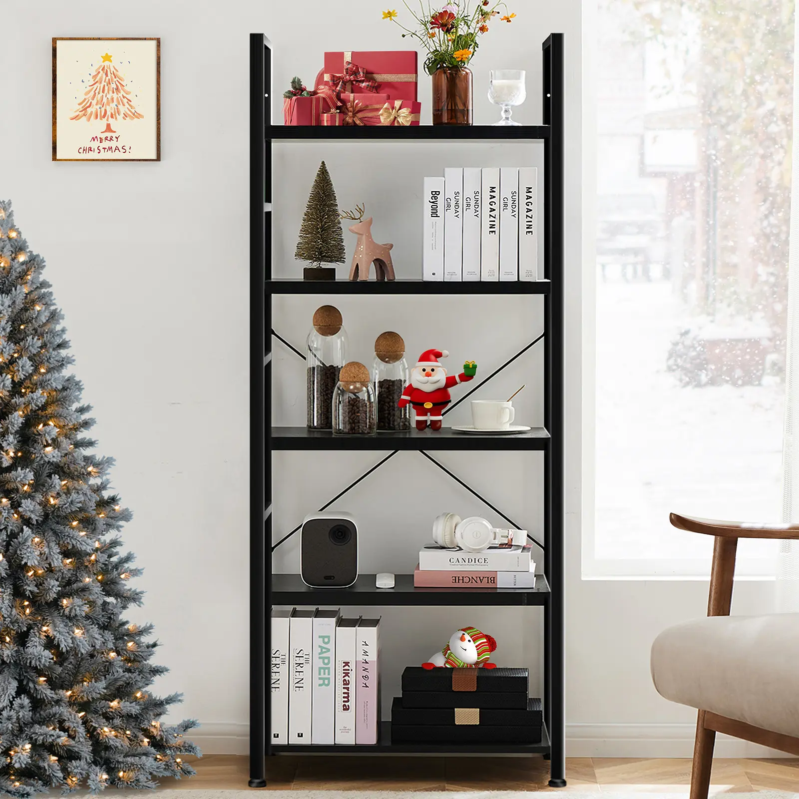 Storage Rack, 5 Tier Bookcase, Vintage Storage Rack with Open Shelves in Living Room/Home/Office, Metal Frame Display Rack Books Holder Organizer