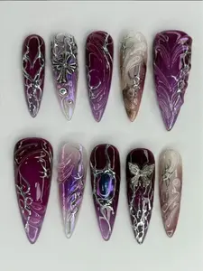 Purple Gothic Chrome Press On Nails, Dark Plum Stiletto Nail Set, Silver Cross Butterfly Charms, Grunge Fantasy Aura Nails, Handmade Alternative Luxury