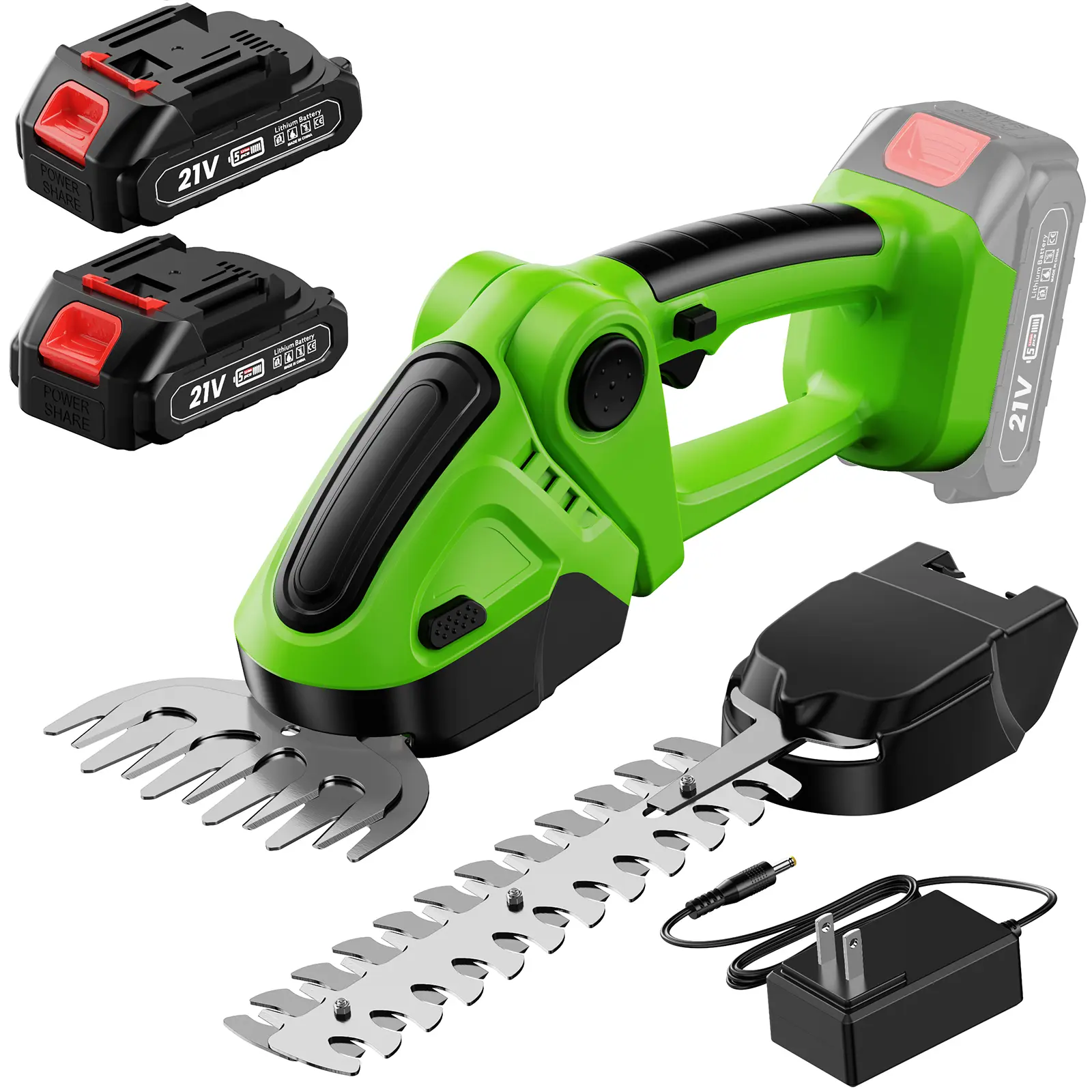 Fliycity Cordless Hedge Trimmer - 2 Pack 21V Battery with Charger Powered Electric Trimmers,  with 2 x 2.0Ah Batteries, Fast Charger，2 in 1 Handheld Hedge Shears + Grass Cutter Pruning Shrub Cutting Small Branch Tool for Bush,Tree,Garden,Lawn,Yard Blade
