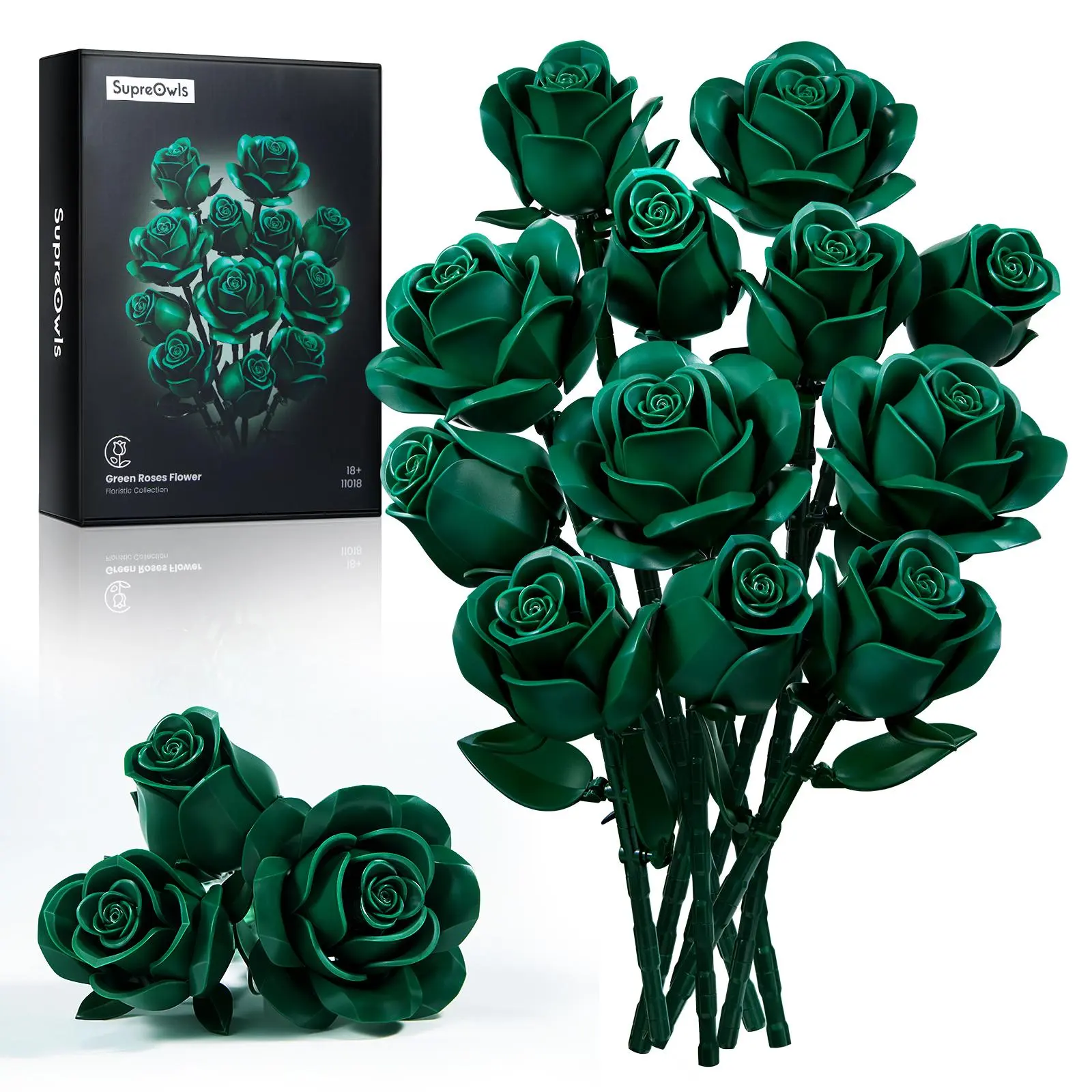 Supreowls Green Rose DIY Building Blocks Set - ABS Bricks Decorative Ornaments Kit for Adults, Piece-by-Piece Calm Crafting, Elegant Gothic Artificial Flower for Home Decor, Christmas Holiday Gift, Botany Craft