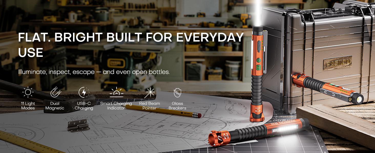 EDC Flashlight Rechargeable,800 Lumen Small Flashlight with Magnetic Clip & Base, 11 Modes LED Flashlight,Glass Breaker&Bottle Opener, USB-C Flashlight for Working,Home and Emergency