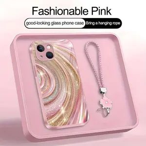 Luxury Rose Gold Swirl Phone Case with Flower Lanyard, Glitter Pink Art Aesthetic Cover for iPhone 14 Plus — 975