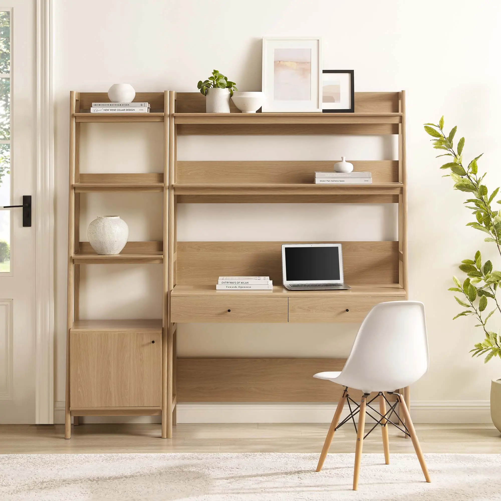 Modway Bixby 2-Piece Oak Grain Home Office Furniture Set - Rectangular Wooden Desktop Computer Office Desk, 21" Slim Tiered Bookshelf Storage Racks, Storage Drawers, Study Table for Organization