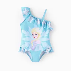 Disney Frozen Elsa Girls One Piece Swimsuit Light Blue Snowflake Print Ruffle Hem One Shoulder Swimwear for Toddlers & Little Girls Official Character UPF Sun Protection Quick Dry Fabric
