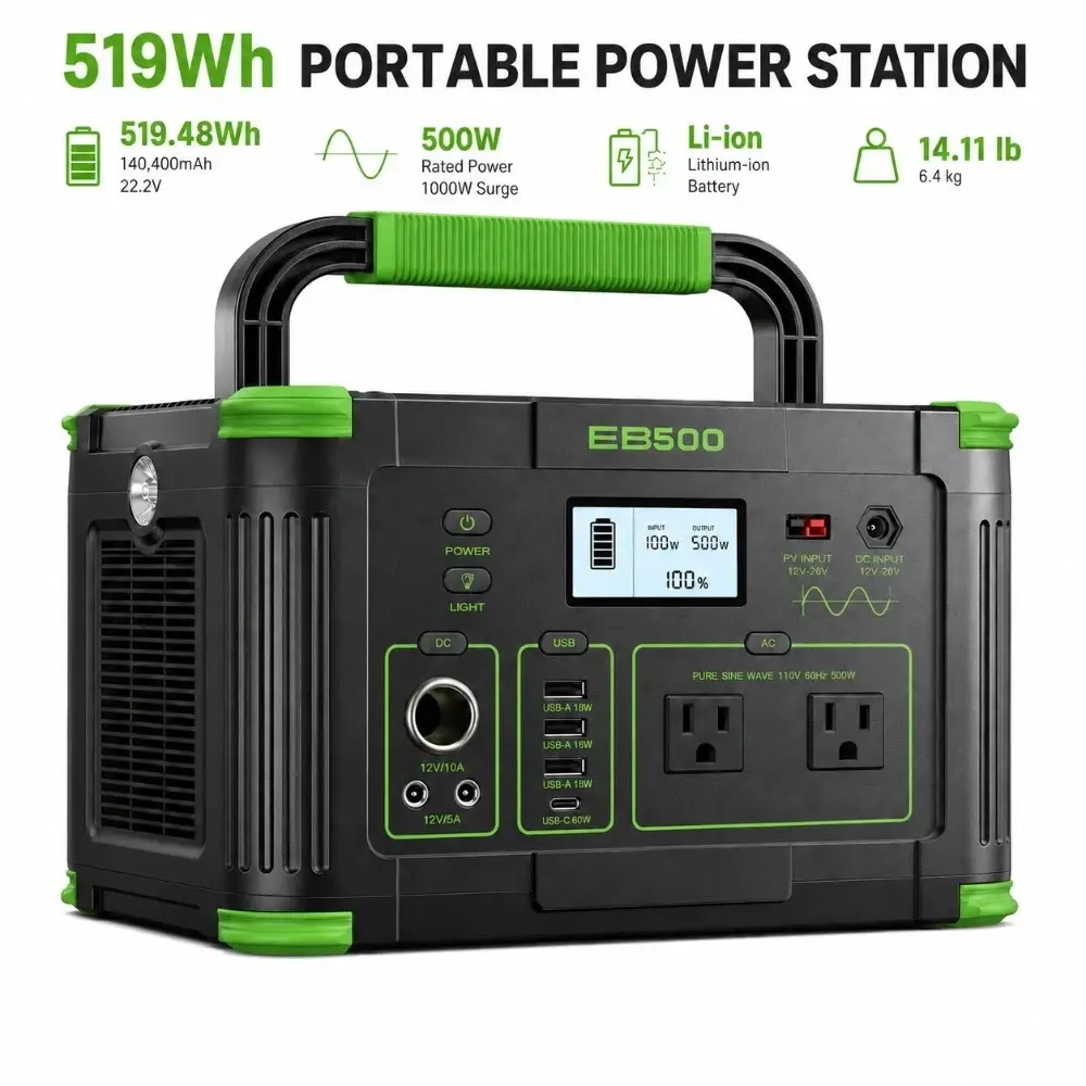 500W 519Wh Portable Power Station Solar Charger Generator Supply Home Camping, Mobile Power Battery, Power Unit