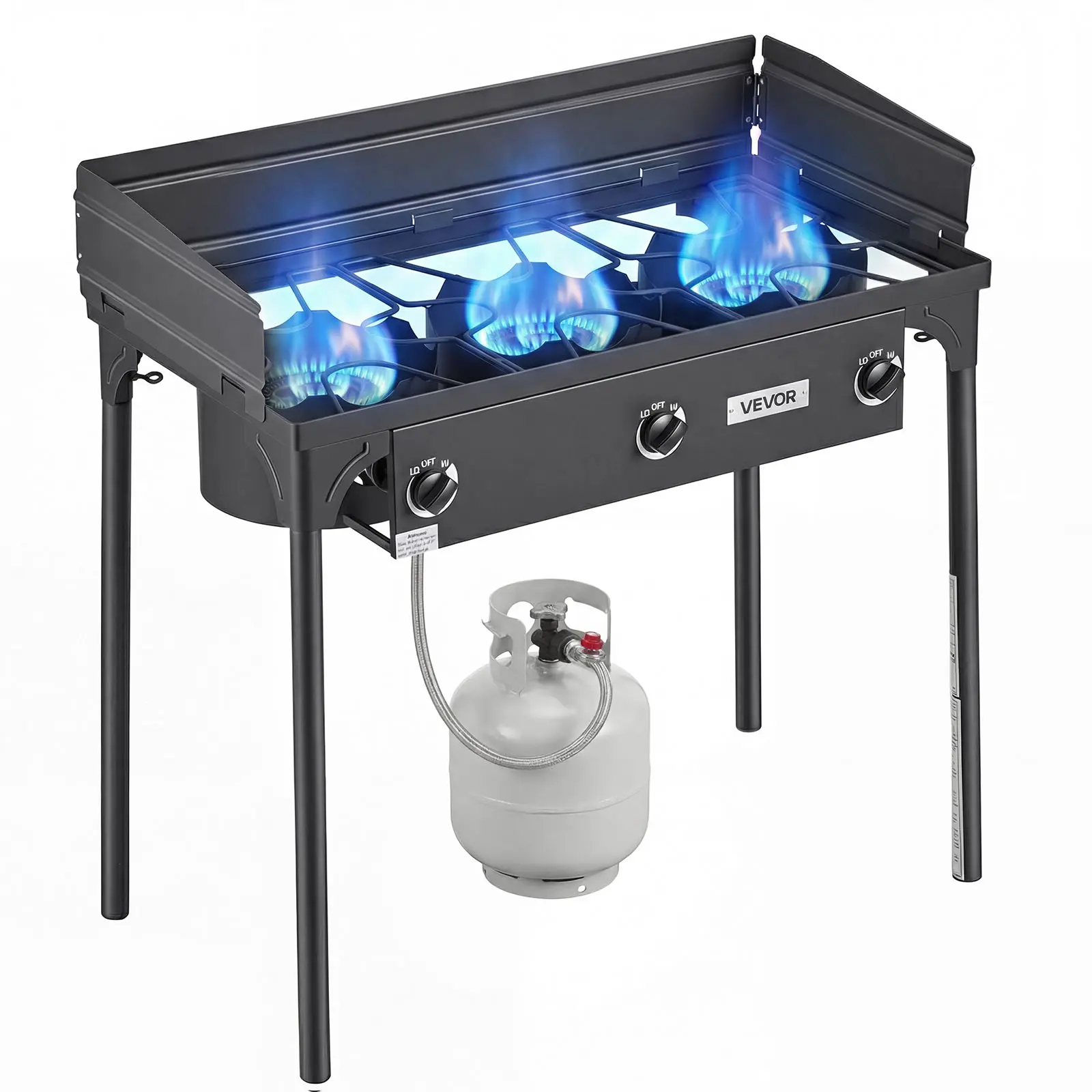 VEVOR Portable 3-Burner Propane Stove, Heavy-Duty Carbon Steel Outdoor Cooking Station with Tall Stand & Wind Shield, 225,000 BTU for Camping, BBQ, Windproof Camping Stove, Camping Accessories
