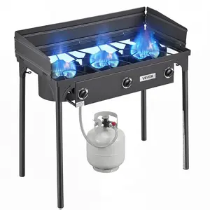 VEVOR 3 Burner Outdoor Propane Gas Stove, 225,000 BTU Propane LPG Gas Camping Stove, Heavy-duty Carbon Steel Outdoor Cooker, with Shield & Tall Stand & Regulator, for BBQ Camp Home Patio Backyard