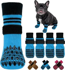 Kuoser Non Slip  Blue Dog Socks for Hardwood Floors, 4Pack Anti-Slip Dog Grippy Socks to Prevent Licking Paws, Dogs Booties Paw Protectors with Double-Sided Traction for Small Medium Large Senior Dogs