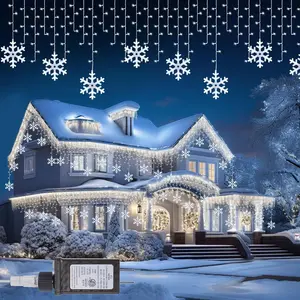 Minetom Snowflake Icicle Lights Outdoor, 20FT 200 LED Icicle Christmas Lights with Timer, 24 Drops, 8 Modes, Waterproof Christmas Light for Outdoor Outside Holiday Decoration, Pure White