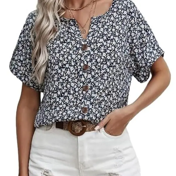 OsCloset Women's Summer Polyester Blouse - V-Neck, Short-Sleeve, Button-Down, Statement Wildflower Graphic, Draped, Slimming, Lightweight, Plus Size, Comfortable Top for Beach, Fit, Outdoor Style, Business Casual Office Staples