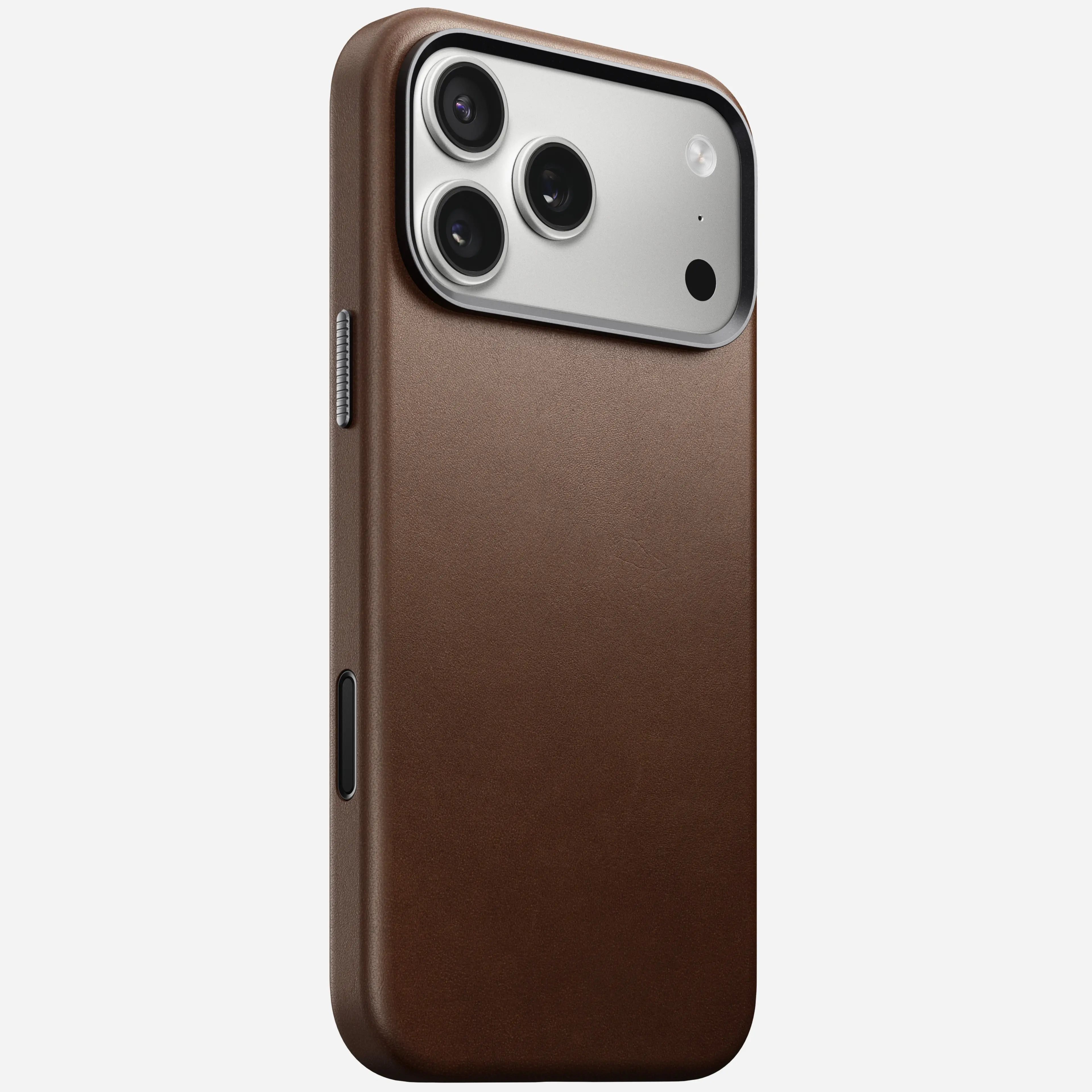 NOMAD Traditional Leather Protective Case for iPhone 17 Pro Max - 2.3mm Brown Patina Finish, Anodized Aluminum Camera Control Button, Lanyard Attachment, Seamless Wrap Design, Sustainable Source, MagSafe & Wireless Charging Compatible Smartphone Accessory