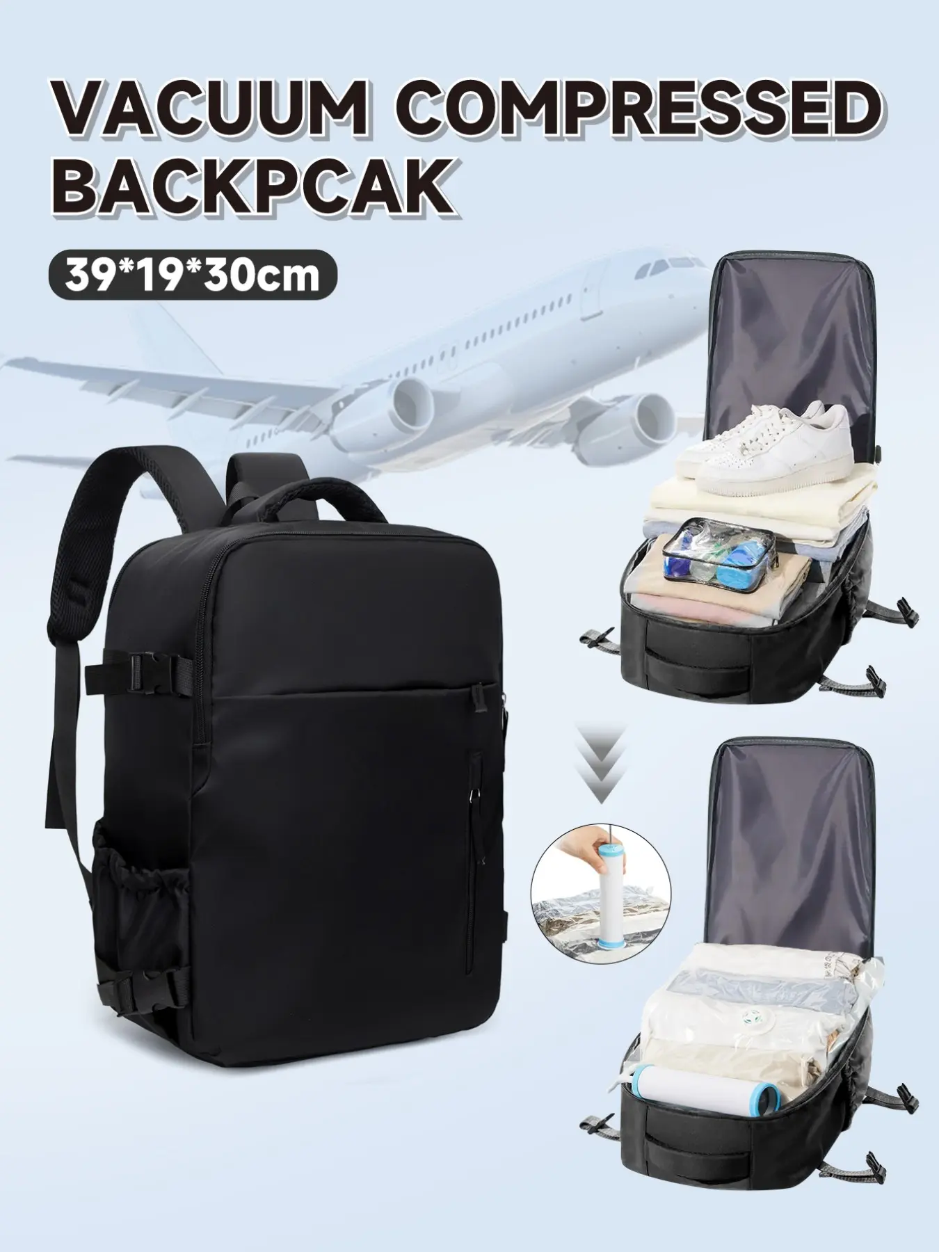 Wiz Air Cabin Bag 40*30*20Cm, Multifunctional Travel Bag, Lightweight Travel Bag, Zipper Travel Bag, Traveling Bag, Vacuum Compression Travel Backpack with Vacuum Pump Combo Set, Carry-On Hand Luggage, Under-Seat Cabin Bag