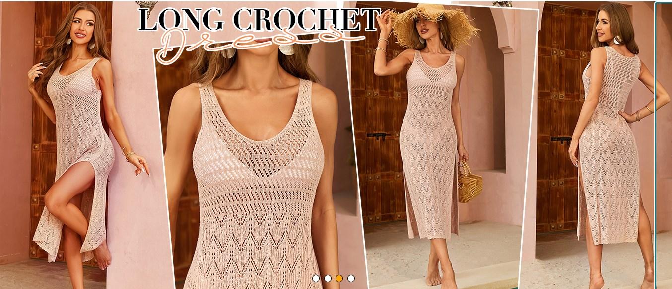 Charmo Womens Long Swimsuit Coverup Side Split Beach Crochet Dress Sleeveless Bathing Suit Coverups for Swimwear S-XL Clothing