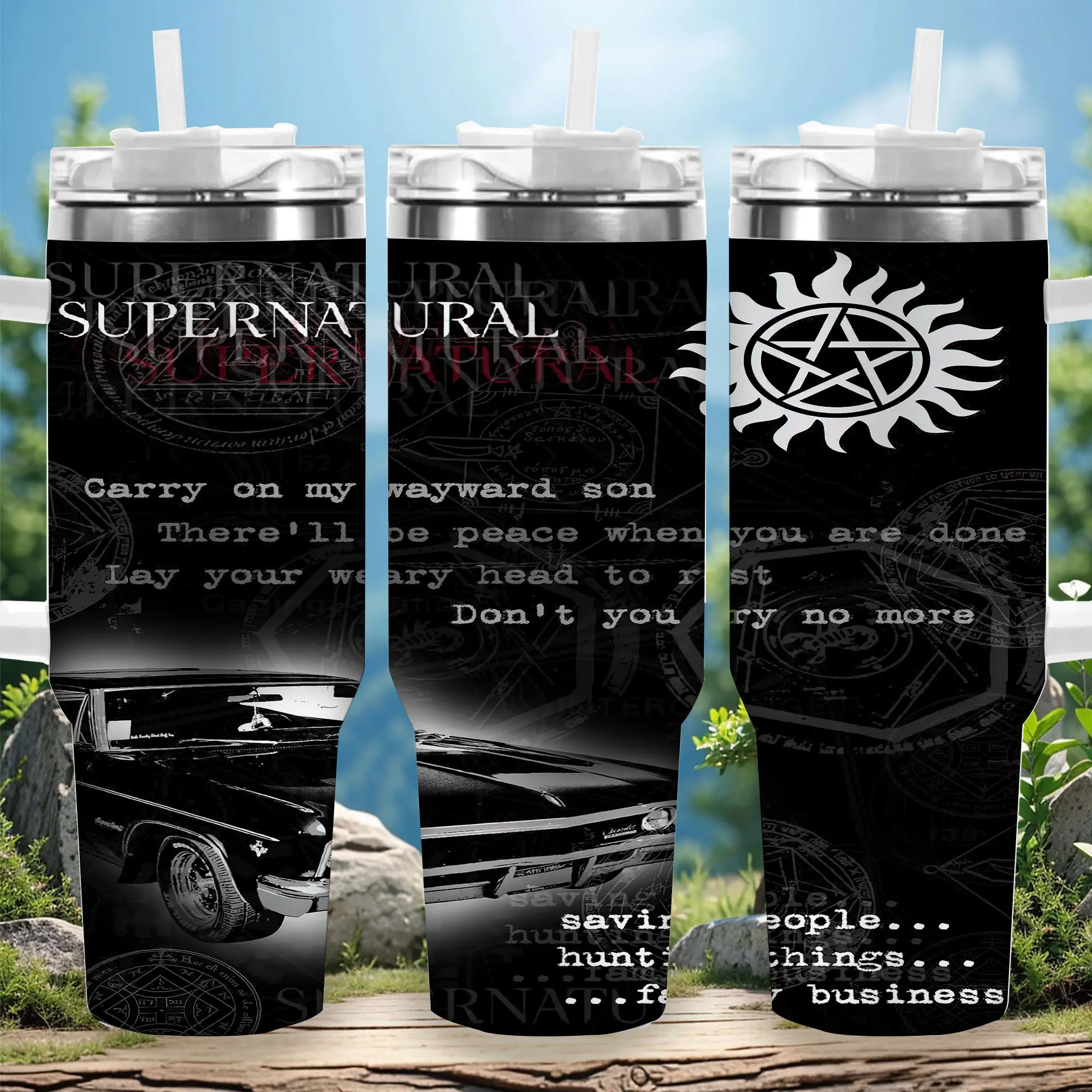 1pc 40oz Supernatural Family Business Insulated Travel Tumbler with Lid, Vacuum Flask Coffee Cup, Unique Gift for Men, Ideal for Halloween, Birthday Occasions, Flasks