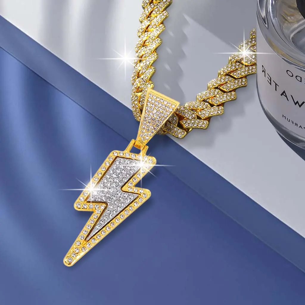 Unisex Lightning Bolt Necklace with Rhinestones, Hip-hop Iced Out Cuban Chain, Street Style Costume Jewelry - 18, 20, or 24 Inch, Bead, Birthday, Casual, 100-150 Grams