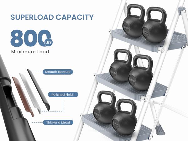 Step Ladder, Foldable Stool with Wide Pedal, Cushioned Handle, 800lbs Capacity for Home Kitchen and Outdoor, Black