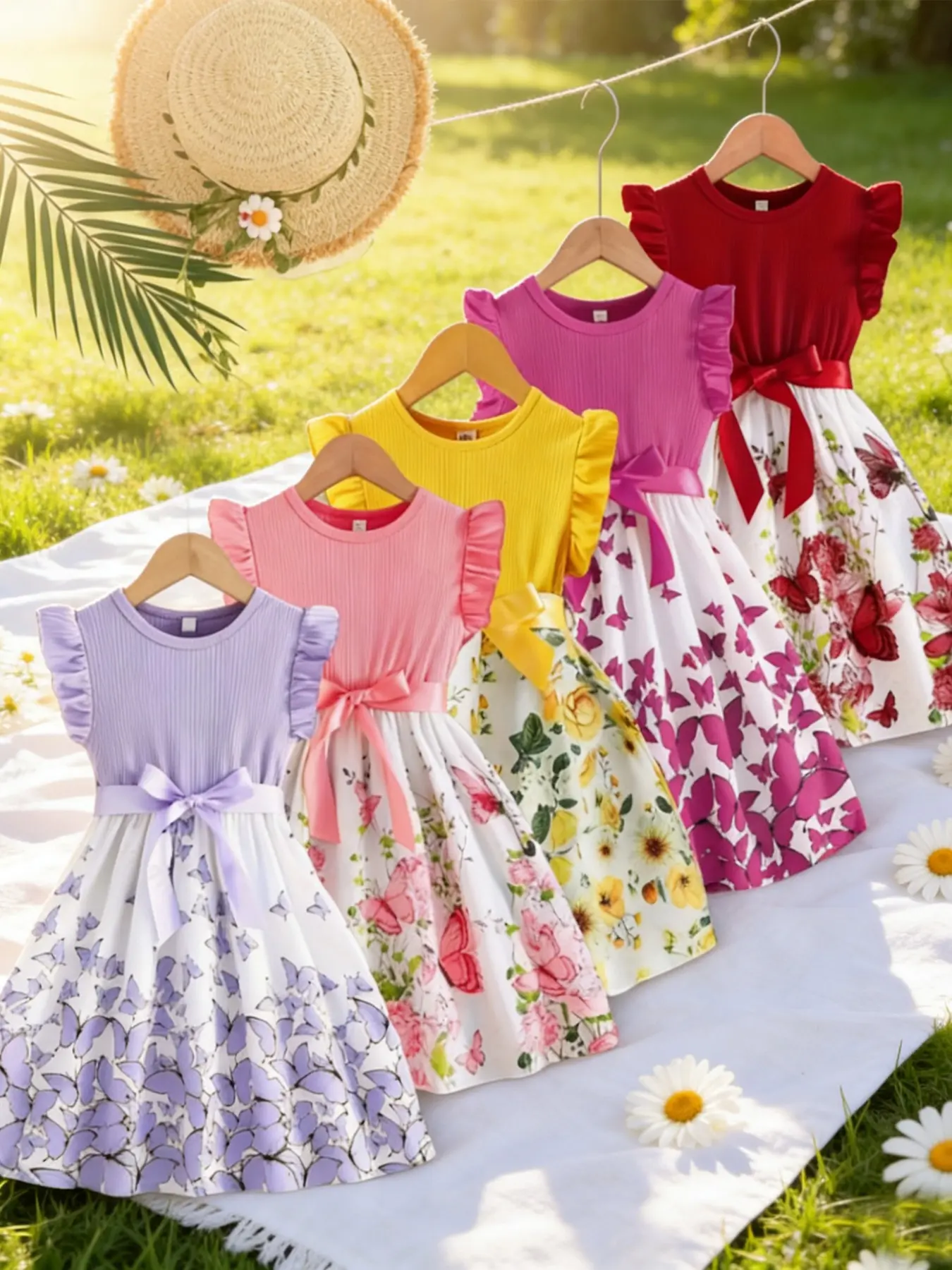 Girls' 5-Piece Butterfly & Floral Print Dress Set, Spring Birthday Party Princess Dress, Birthday Dresses for Kids, Birthday Clothes