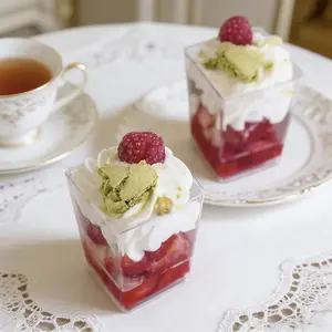 50 Pack 5 oz Square Mini Dessert Cups with Spoons Clear Plastic Dessert Shooter Cups for for Party, Yogurt, Parfait, Cheesecake, Pudding, Jello and Appetizers   lids