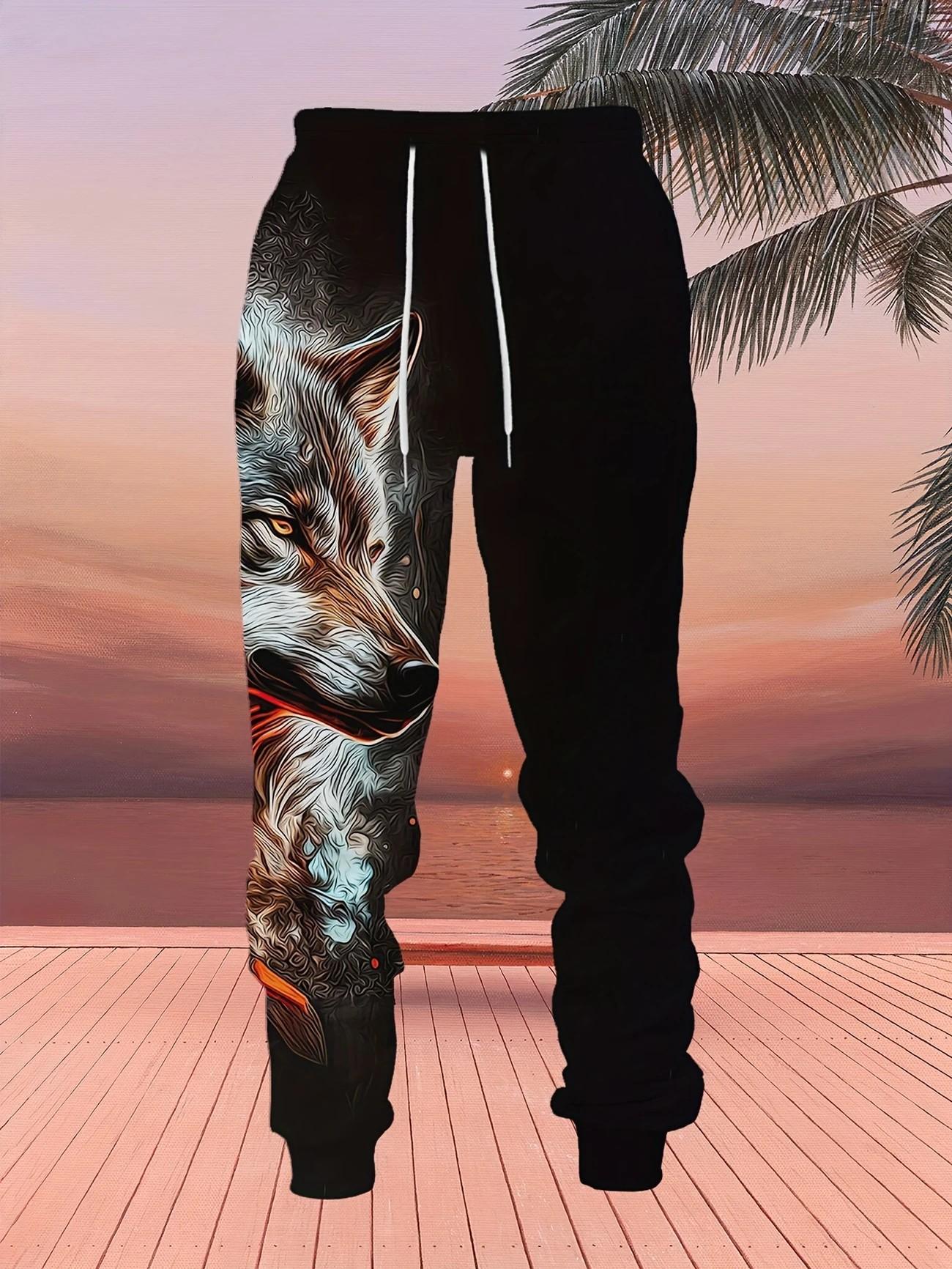 Men's casual 2-piece set, lion ink print hoodie and sweatpants, spring and autumn fashion outfit