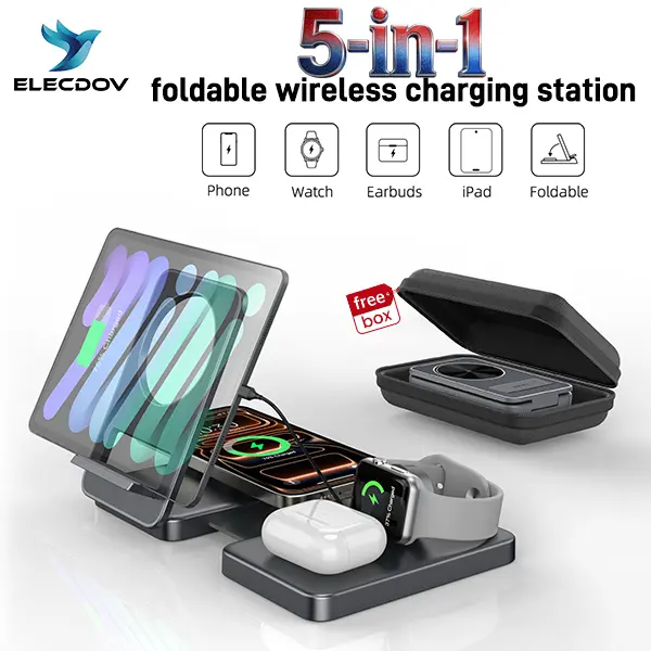 5-in-1 Wireless Charging Station, portable  Foldable chargers, with travel case, equipped with USB-A, USB-C and Lightning ports—compatible with iPhone/Samung , iPad,earphone and Apple Watch, ELECDOV CE41, #SummerWins #DealsForYouDays