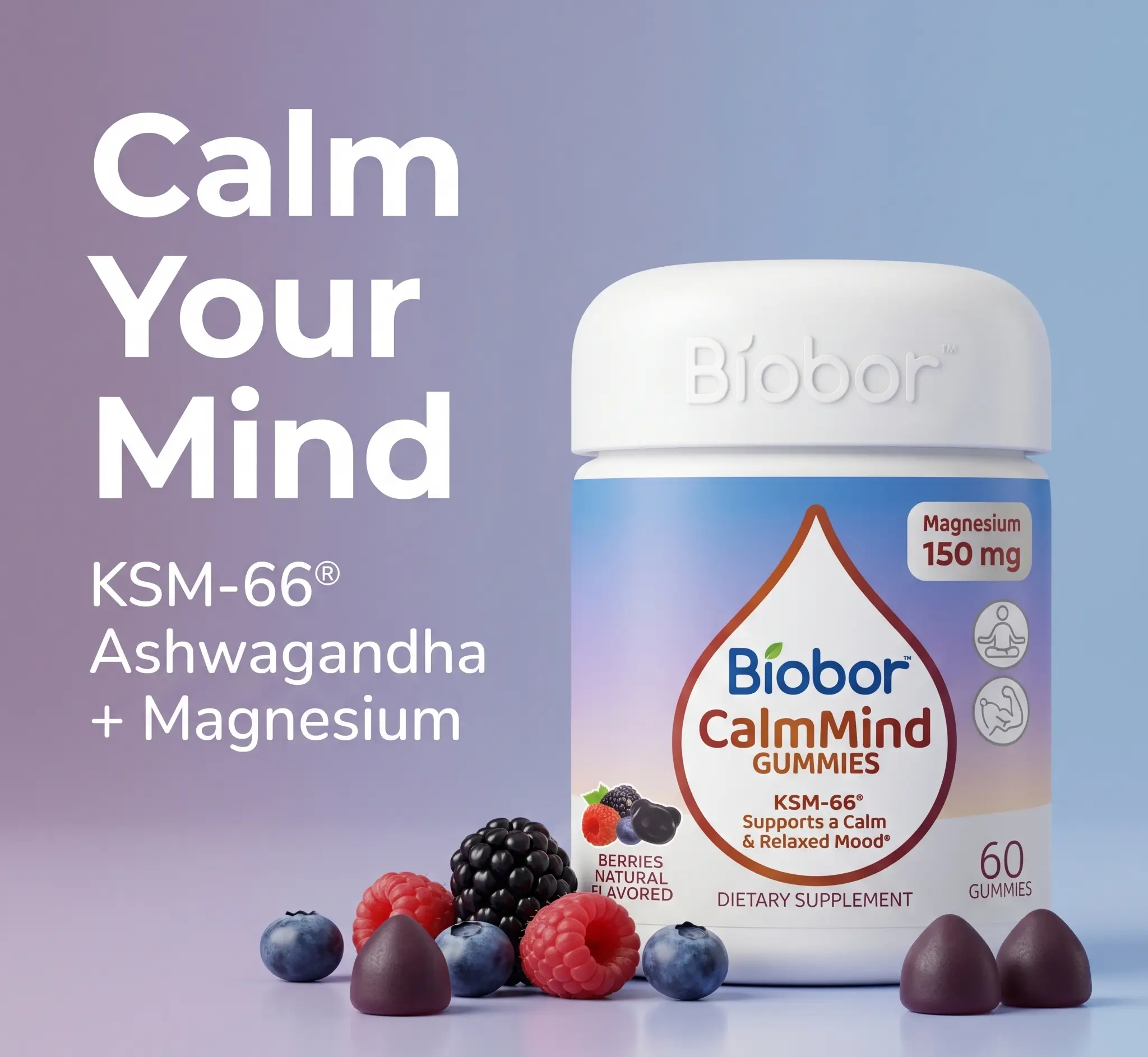 Biobor CalmMind Magnesium Gummies with KSM-66  Ashwagandha, Triple Magnesium Complex, Calm & Relaxation Support, GMP Certified & COA Tested, Non-GMO, Gluten Free, Vegetarian, Mixed Berry 60 Count