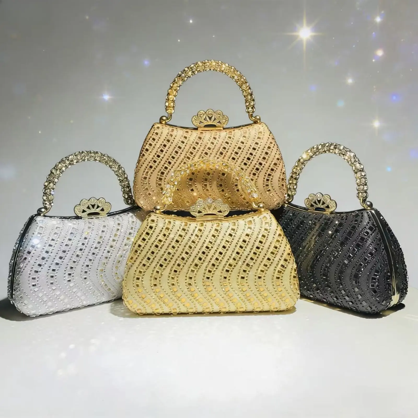 Women's Elegant Silver Rhinestone Evening Clutch - Chic Top-Handle Aesthetic Handbag for Wedding, Prom, Formal Occasions